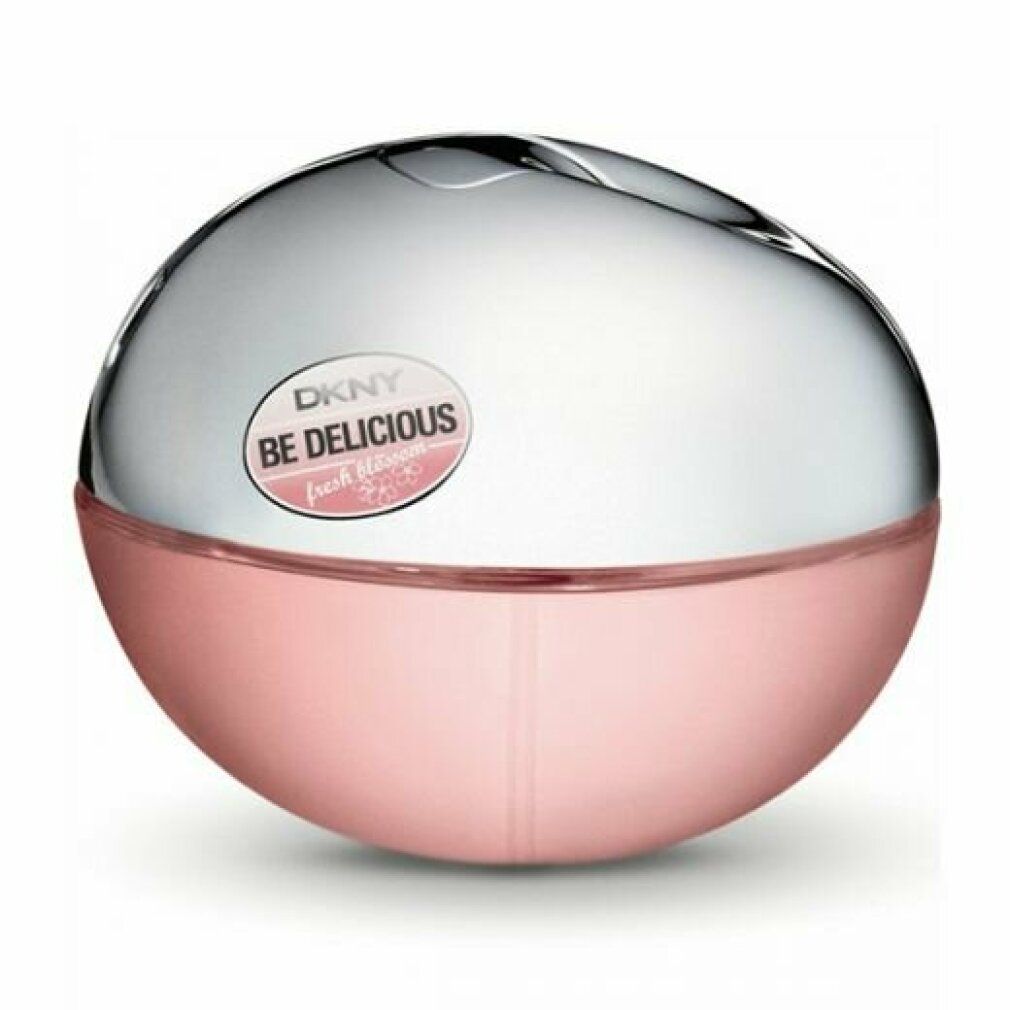 Ronde, tweekleurige flacon: zilveren dop, roze body. DKNY Be Delicious Fresh Blossom opschrift.