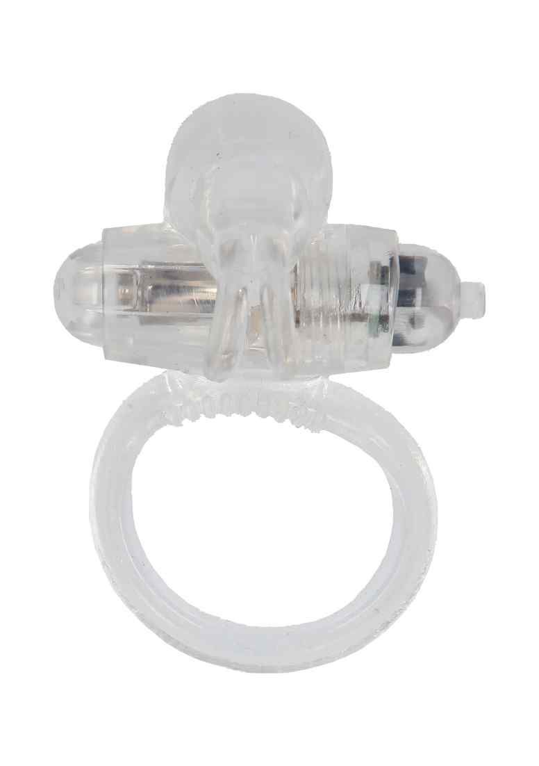 Cockring vibrant transparent avec un anneau et un accessoire flexible.