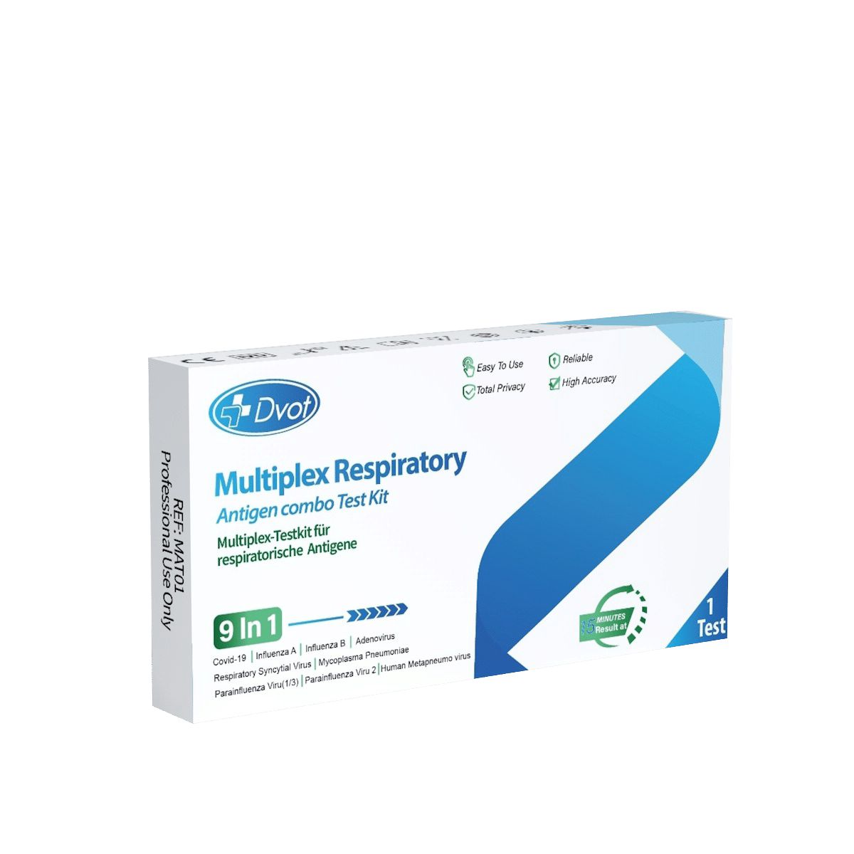 Doos met productnaam en logo. Bevat tekst: Multiplex Respiratory Antigen combo Test Kit, 9 in 1, 1 Test. Professioneel gebruik.