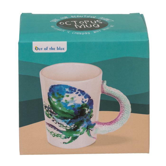 Beker in verpakking. Octopusontwerp. Handvat als tentakel. Verpakking met tekst: Octopus Mug.