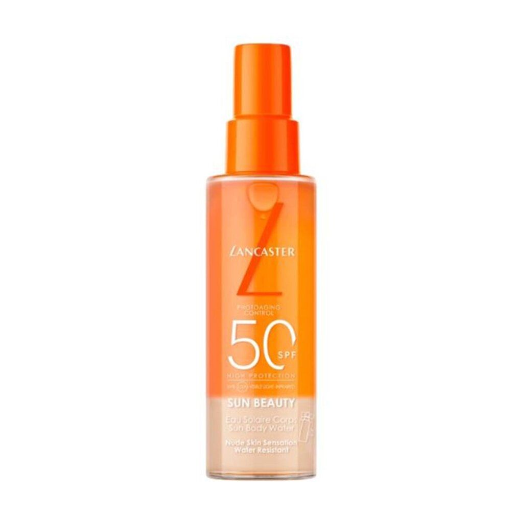 Lancaster Sun Beauty Eau du Corps Solaire SPF50 Spray. Spray à tête orange, flacon transparent dégradé orange-beige.