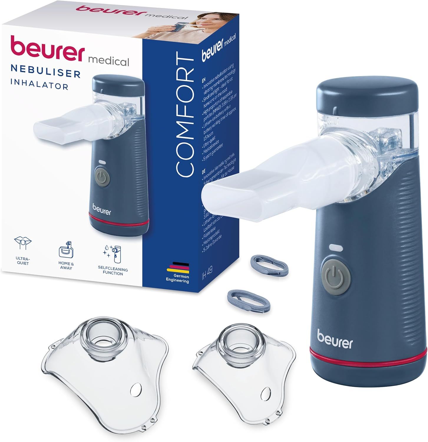 Inhalateur avec accessoires et emballage. Texte: Beurer medical. Nebuliseur Inhalateur. German Engineering.