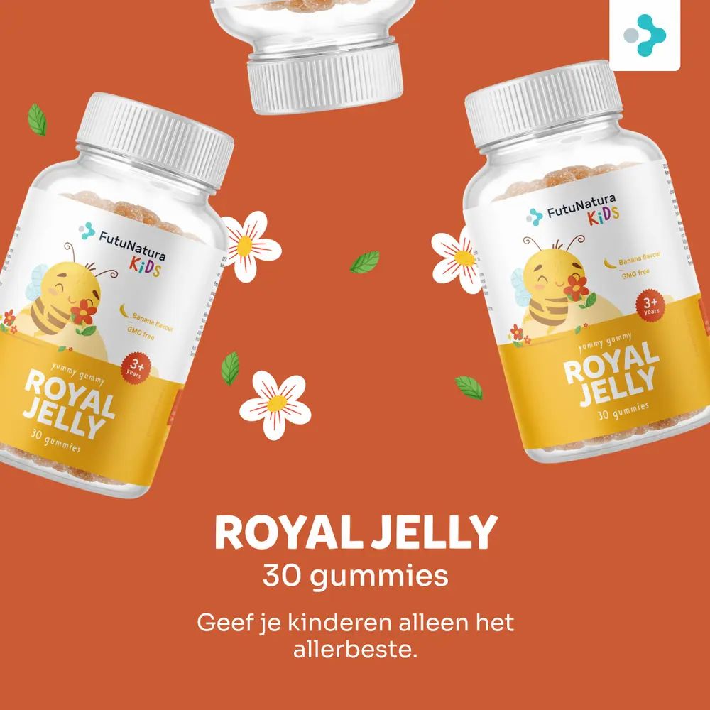 Meerdere flessen "FutuNatura Kids Royal Jelly". Oranje achtergrond met tekst: "30 gummies". Geef je kinderen alleen het allerbeste.