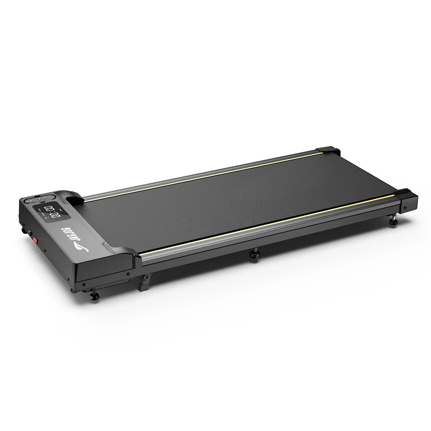 Zwarte loopband met LED-display. Plat ontwerp, rechthoekige vorm. Grijze accenten.