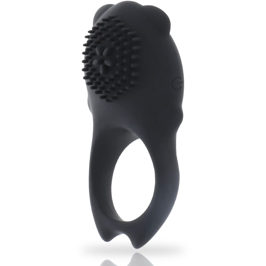 Vue avant d'un vibrateur anneau noir avec télécommande. Le dessus a une surface texturée.