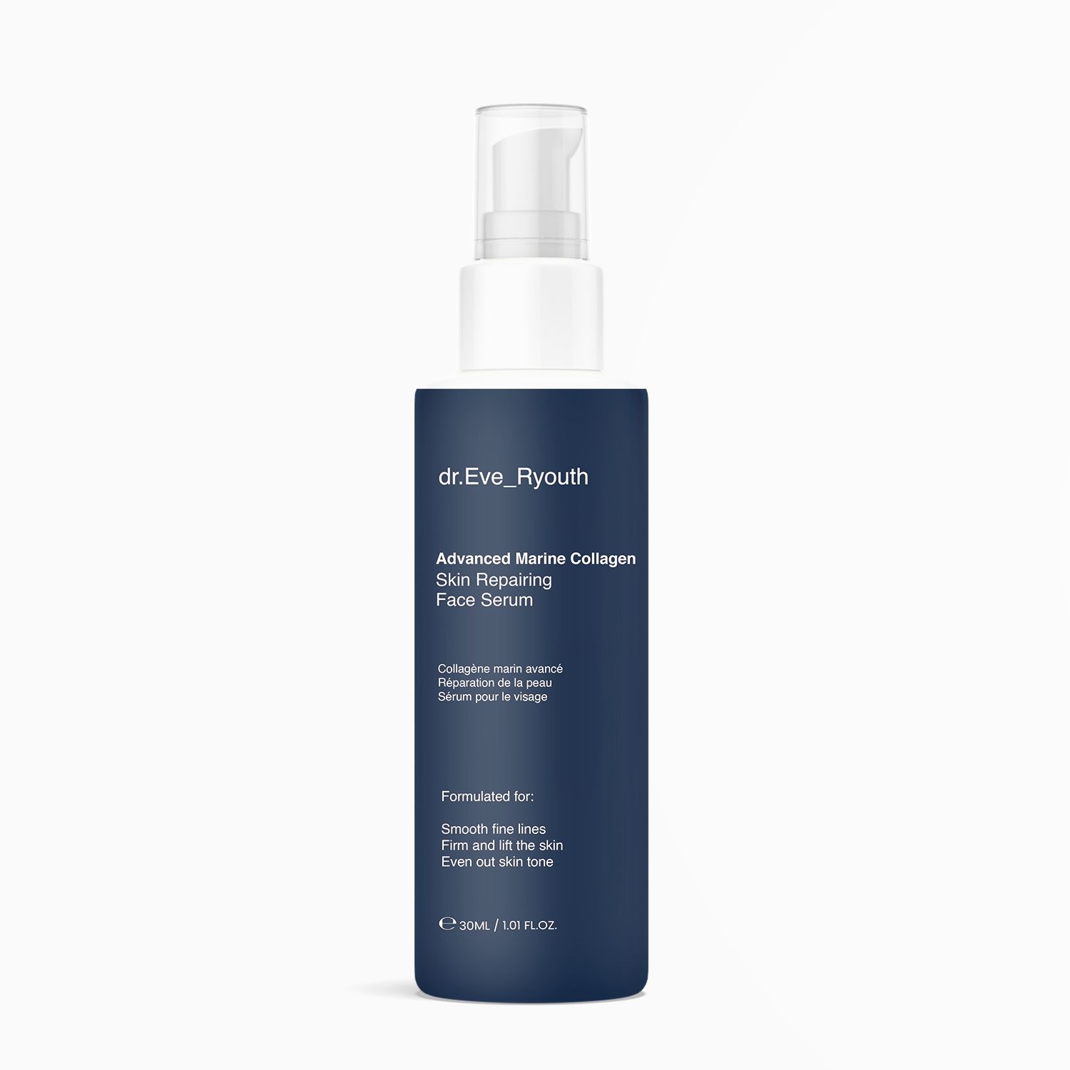 Donkerblauwe fles met witte pomp. Opschrift: "dr.Eve_Ryouth", "Advanced Marine Collagen Skin Repairing Face Serum".
