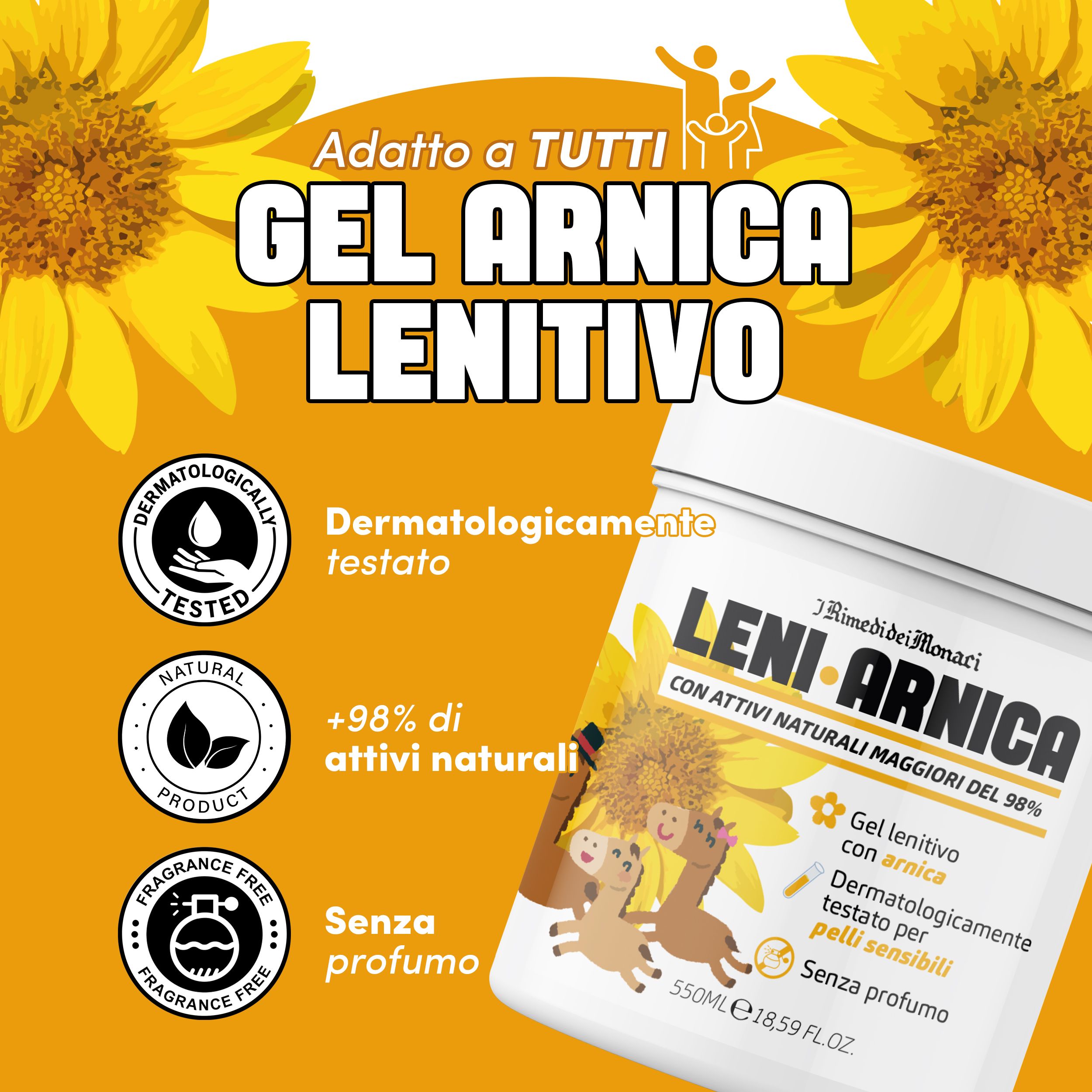 Witte pot met tekst. Gel Arnica Lenitivo, dermatologisch getest, zonder parfum. Met zonnebloemen en logo.