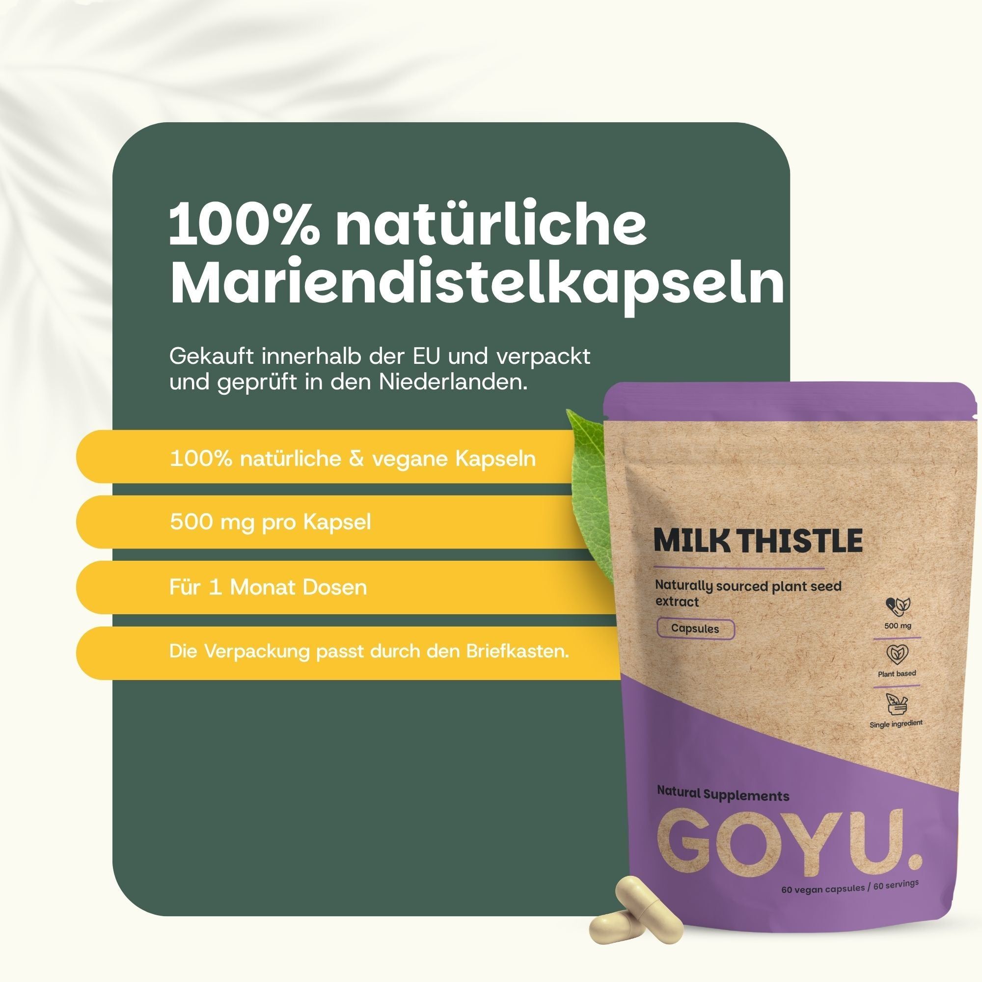 Sachet de gélules de chardon-Marie GOYU, 60 gélules végétales, 500 mg par gélule.