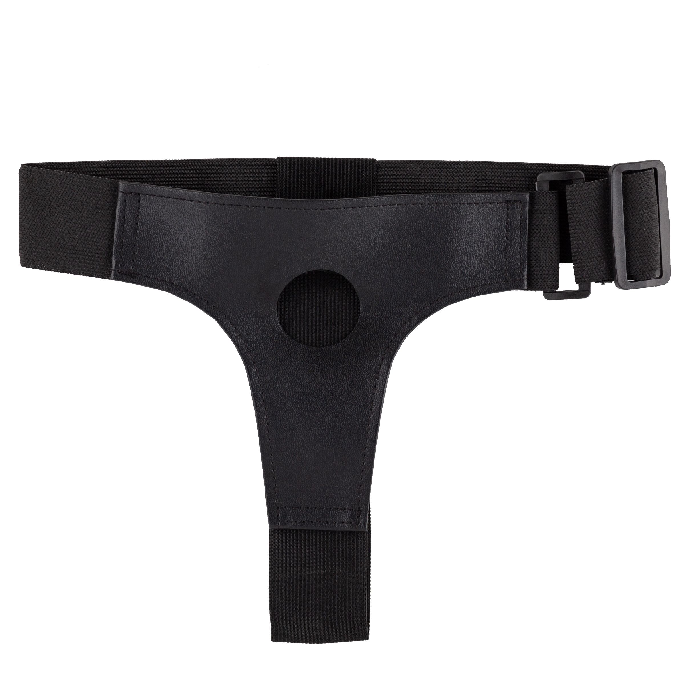 Accessoire intime noir avec trou central et forme en T. Bande élastique avec fermeture réglable.