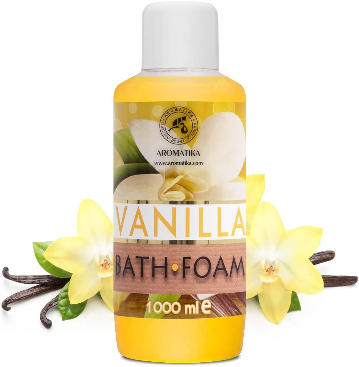AROMATIKA Vanille Badeschuim fles met vanillebloemen en peulen, 1000 ml.