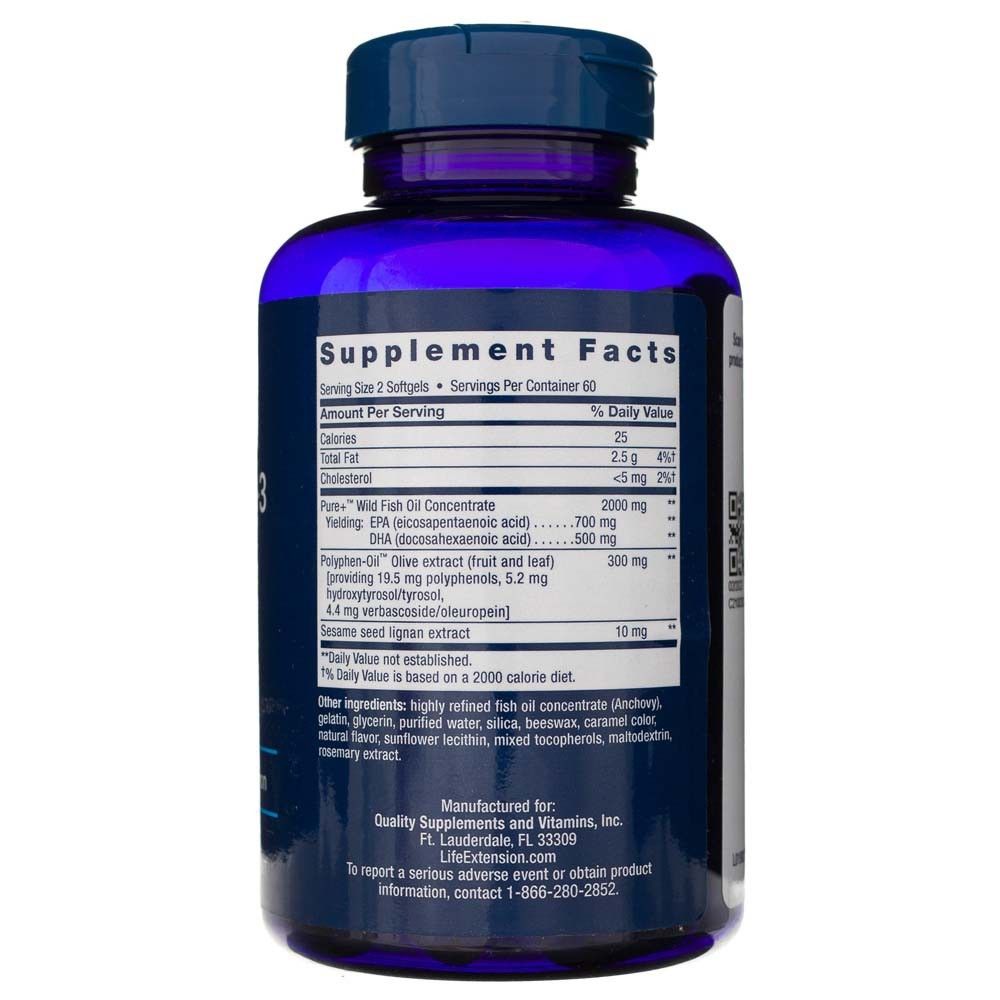 Dos d'une bouteille Life Extension Super Omega-3 avec informations nutritionnelles.
