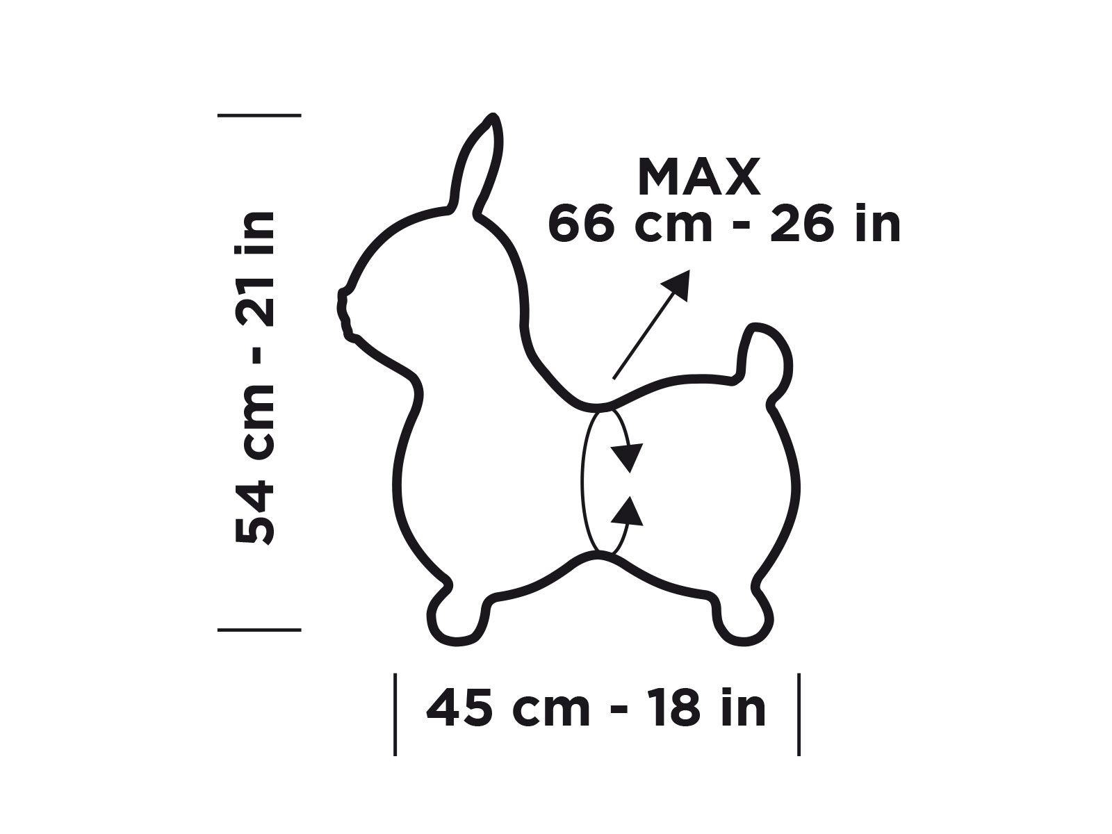 Omtrek tekening van een springdier konijn met afmetingen. Hoogte 54 cm, breedte 45 cm, maximale hoogte 66 cm.