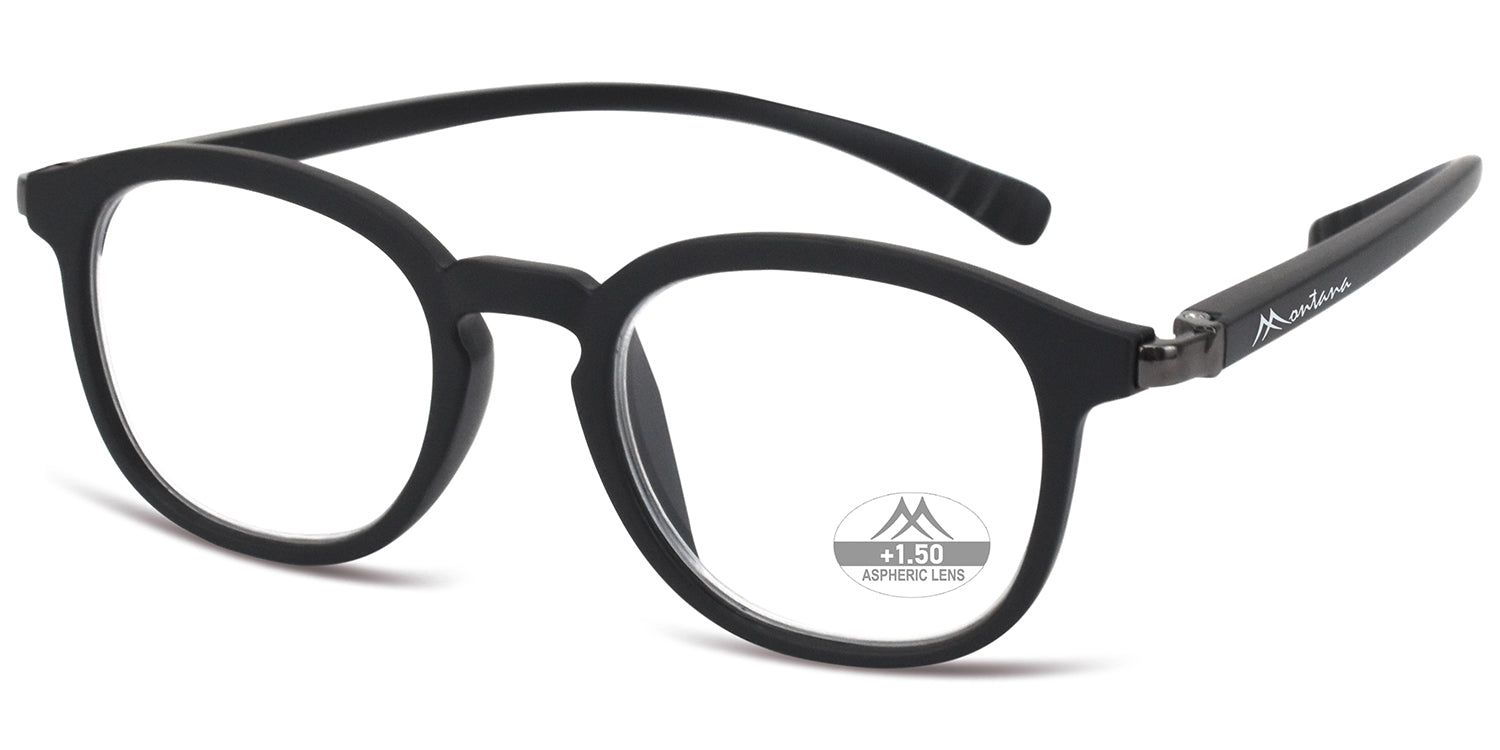 Lunettes noires à verres ronds. "+1.50 ASPHERIC LENS" sur un verre. La branche porte "Montana".