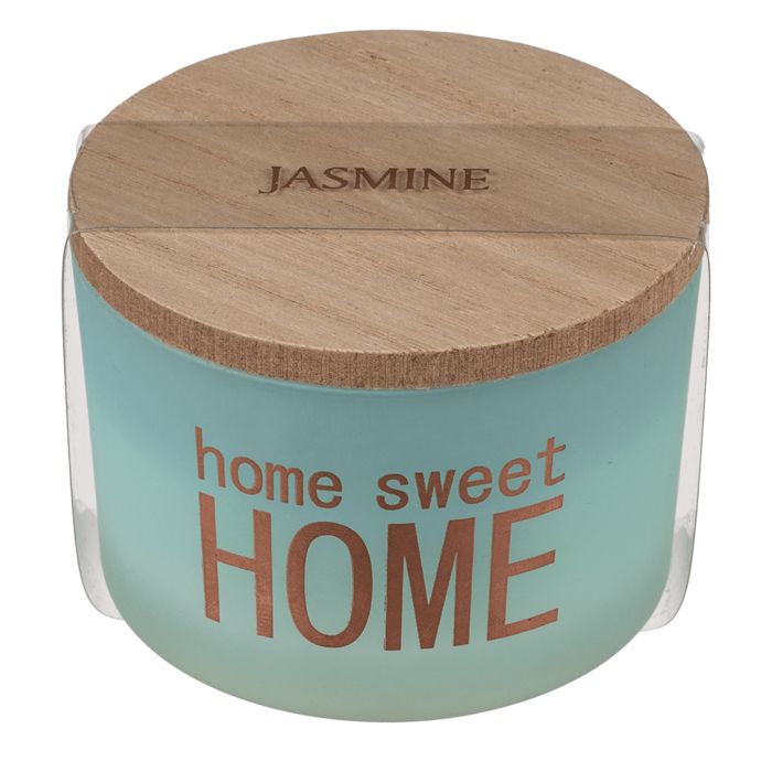 Turquoise geurkaars met houten deksel. Opschrift "home sweet HOME". Deksel met "JASMINE".