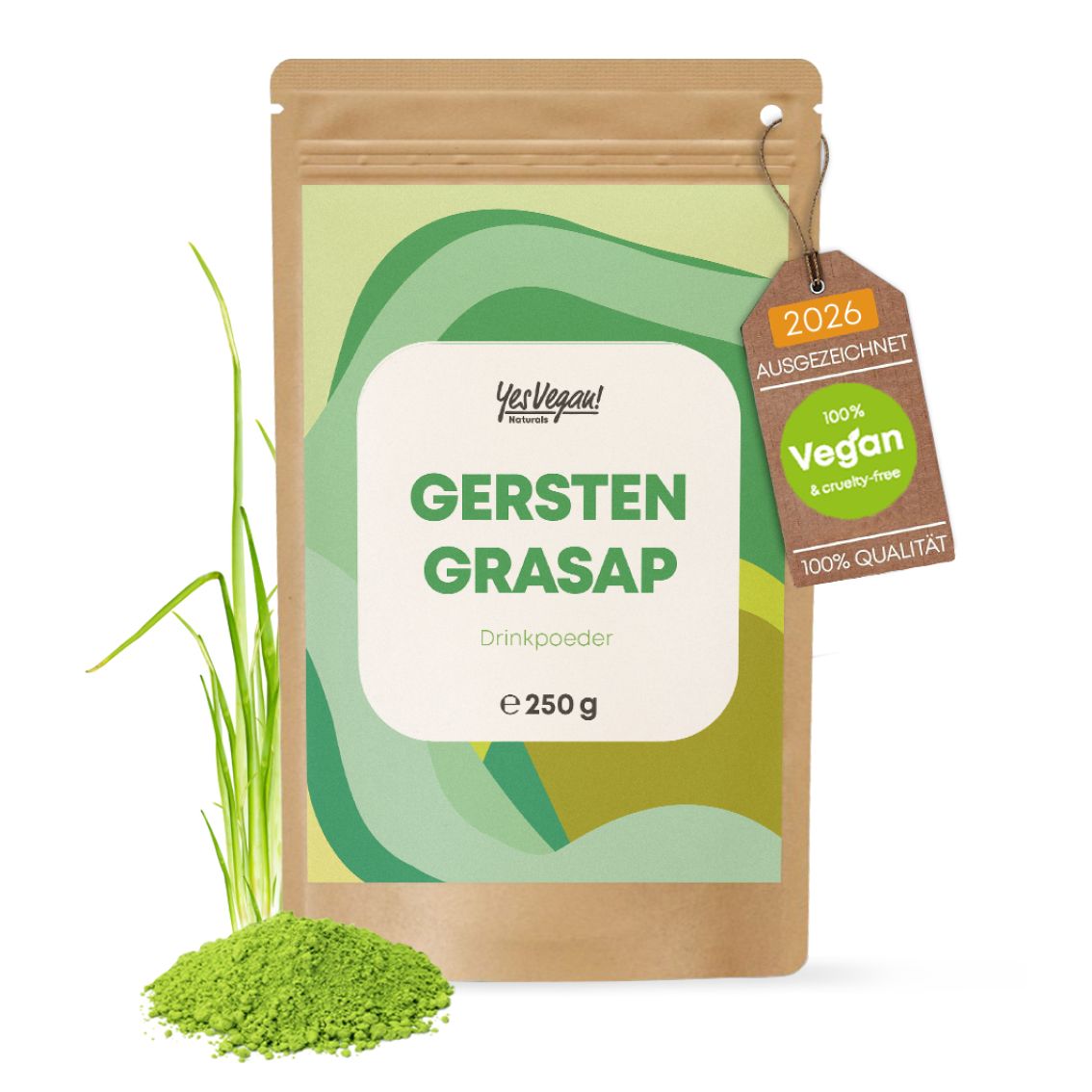 Gerstengraspoeder in bruine staande verpakking met zegel.