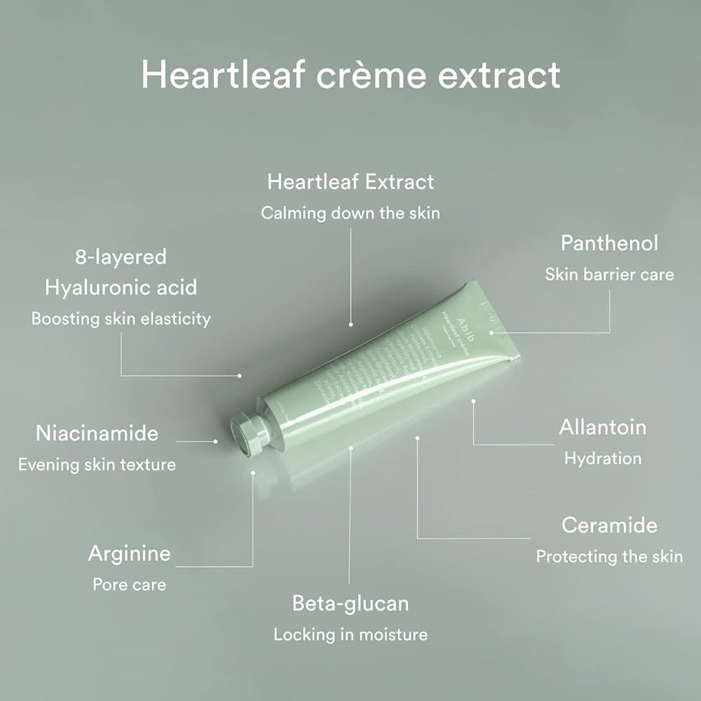 Lichtgroene tube met ingrediënten diagram. Tekst: Heartleaf crème extract, Panthenol, Allantoïne, Ceramide. Merk: Abib.