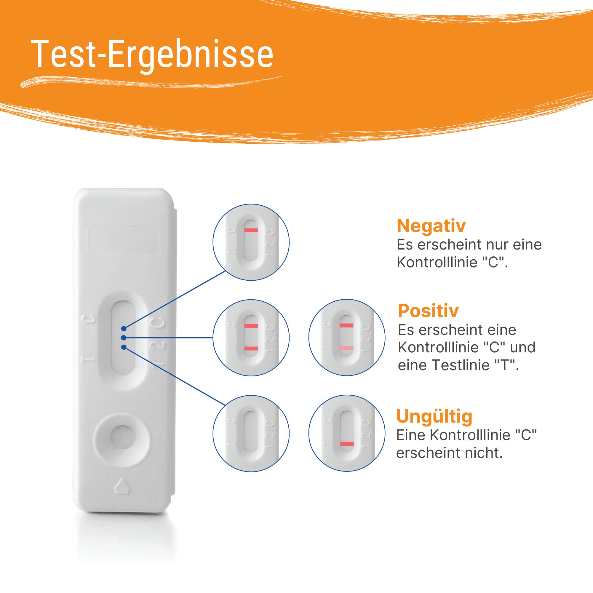 Testresultaten: Negatief, Positief, Ongeldig. Teststrip met controle- en testlijnen. Uitleg in het Duits.