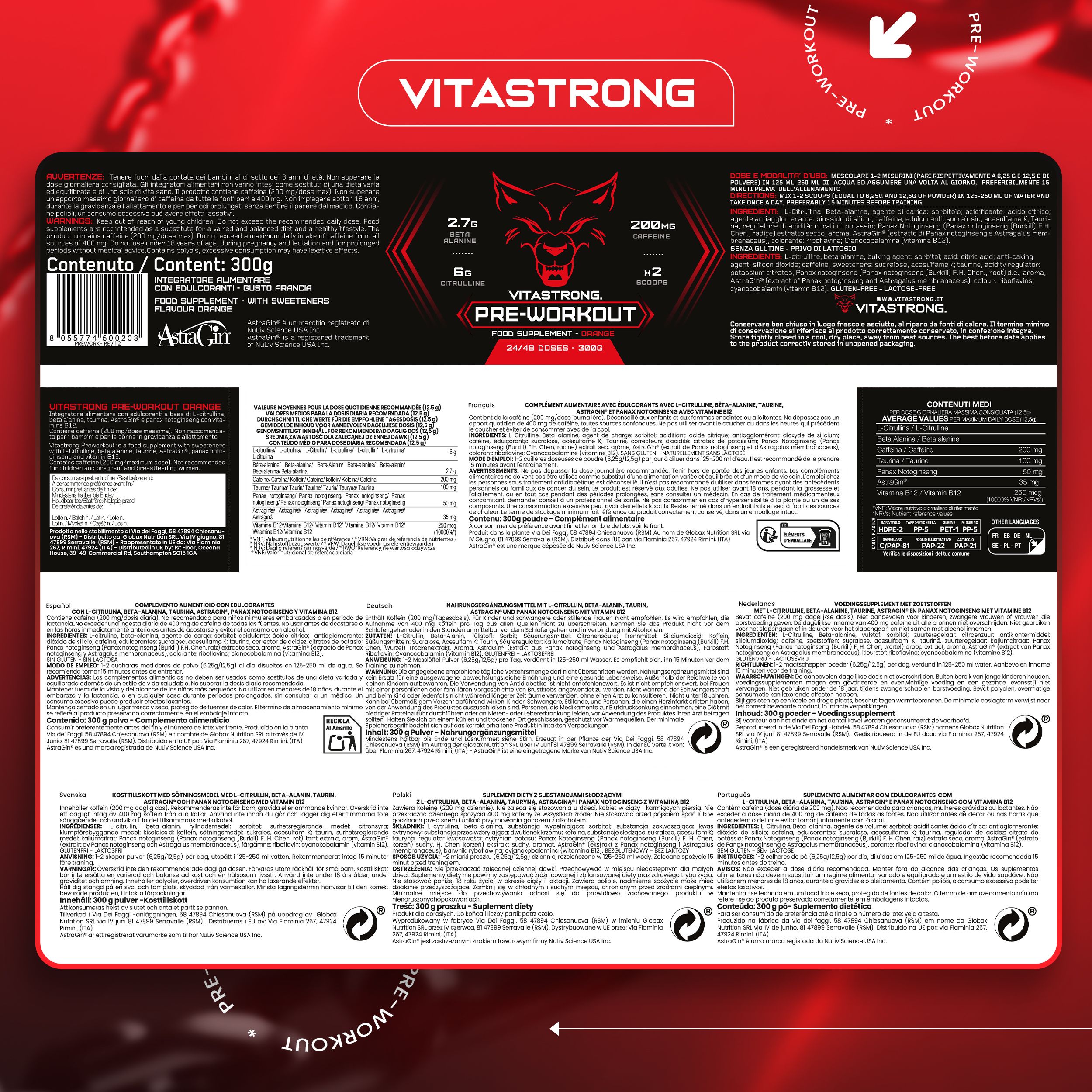 Verpakking Pre-Workout. Bevat 2,7g bèta-alanine, 6g citrulline, 200mg cafeïne. 300g. Met ingrediënten en voedingswaarde-informatie.