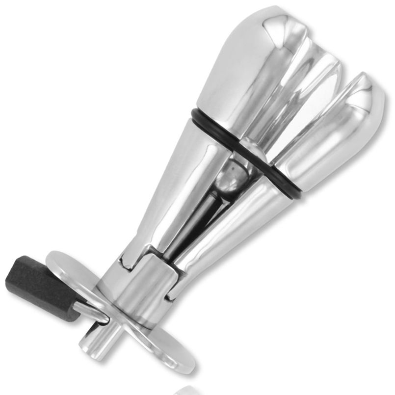 Instrument médical brillant en métal à trois pointes avec une poignée noire.
