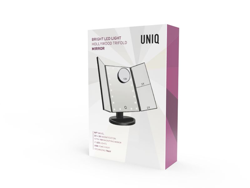 Emballage pour miroir de maquillage UNIQ Hollywood. Miroir triple avec éclairage LED. Nom et caractéristiques du produit.