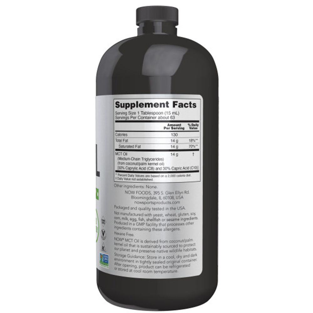 Bouteille noire avec étiquette blanche. Inscriptions : Supplement Facts, MCT Oil. Contient des informations nutritionnelles et des ingrédients.