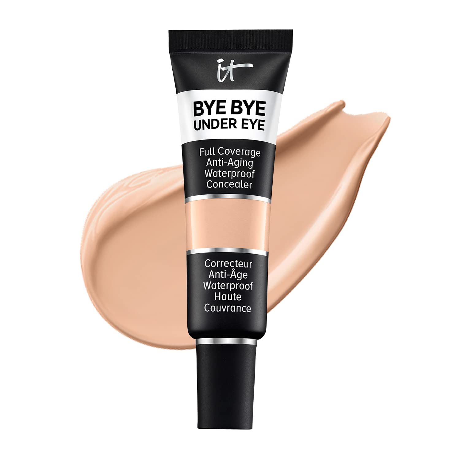 Tube de correcteur avec produit et tache de couleur. Inscription: BYE BYE UNDER EYE. Couvrance totale, anti-âge, waterproof.