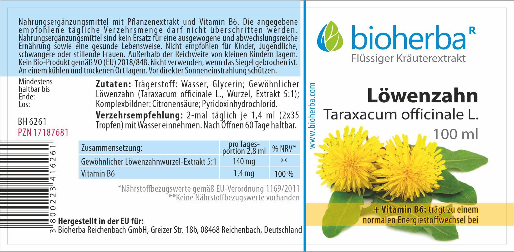 Etiket met productinformatie. Bioherba Löwenzahn tinctuur. Ingrediënten, dosering, voedingswaarde. 100 ml.