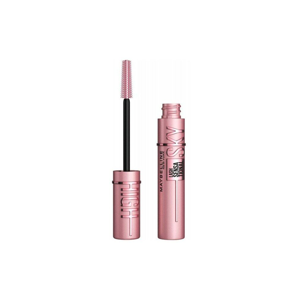 Mascara Maybelline Sky High rose avec brosse rose et inscriptions dorées.