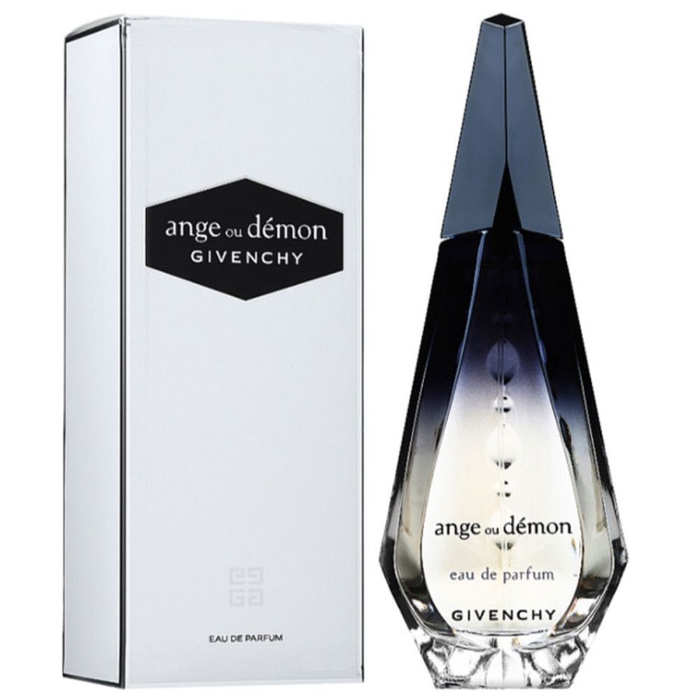 Givenchy Ange ou Démon EDP fles en verpakking. Zwarte dop, transparante fles. Witte doos met logo.