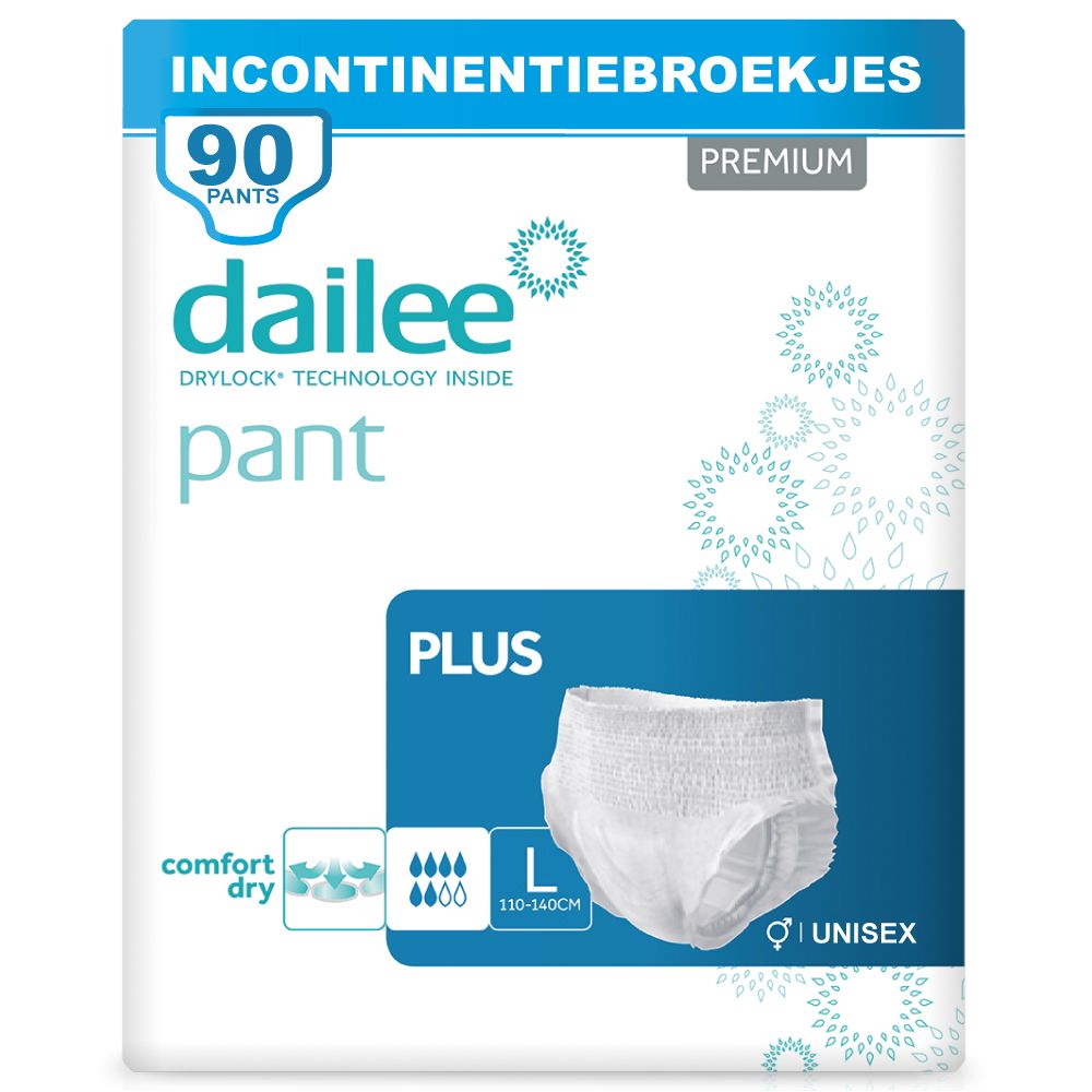 Dailee Pants Plus, maat L, unisex. Verpakking van 90. Drylock-technologie. Comfort en droog.
