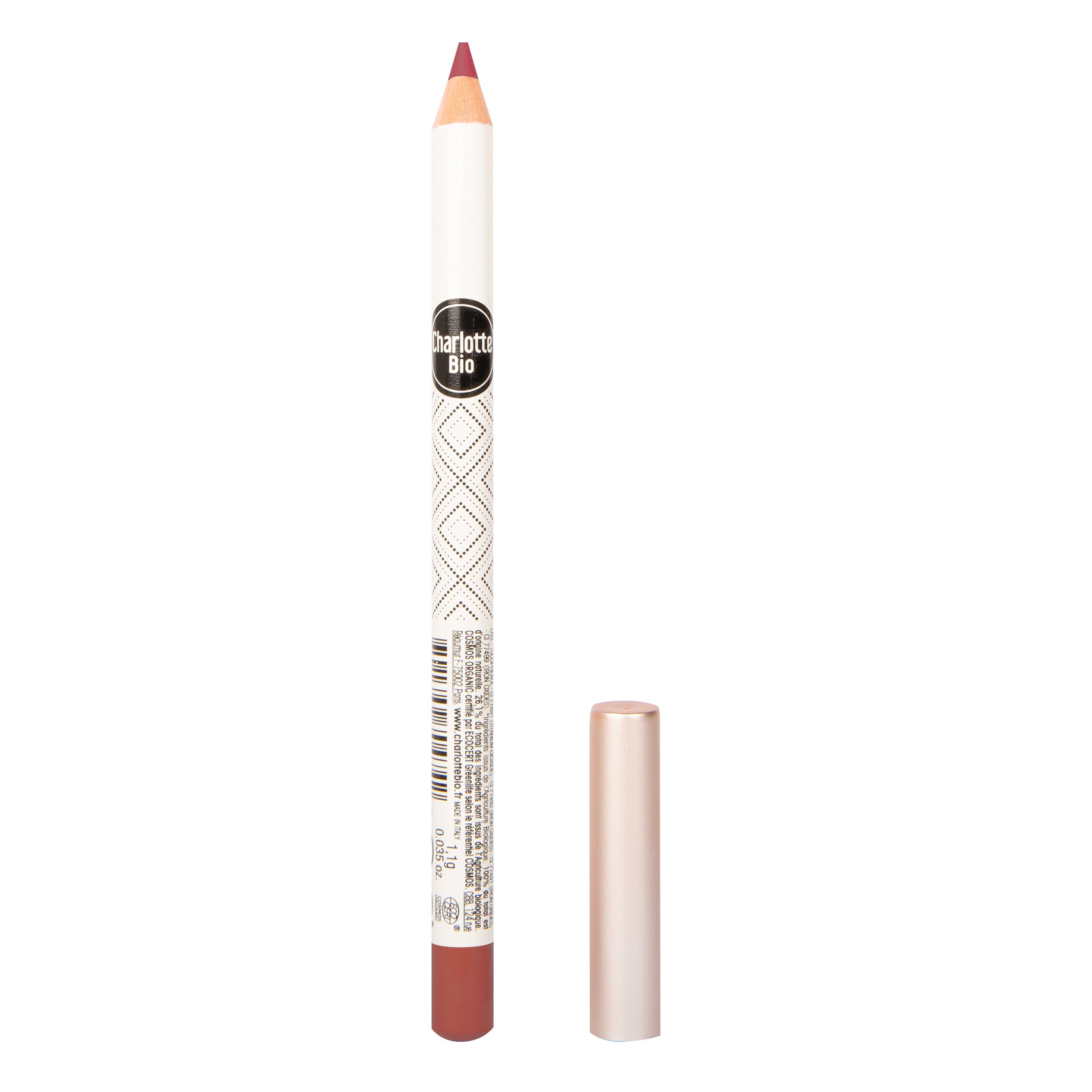 Roze lippotlood met witte schacht en losse dop. Merk "Charlotte Bio" zichtbaar op het potlood.