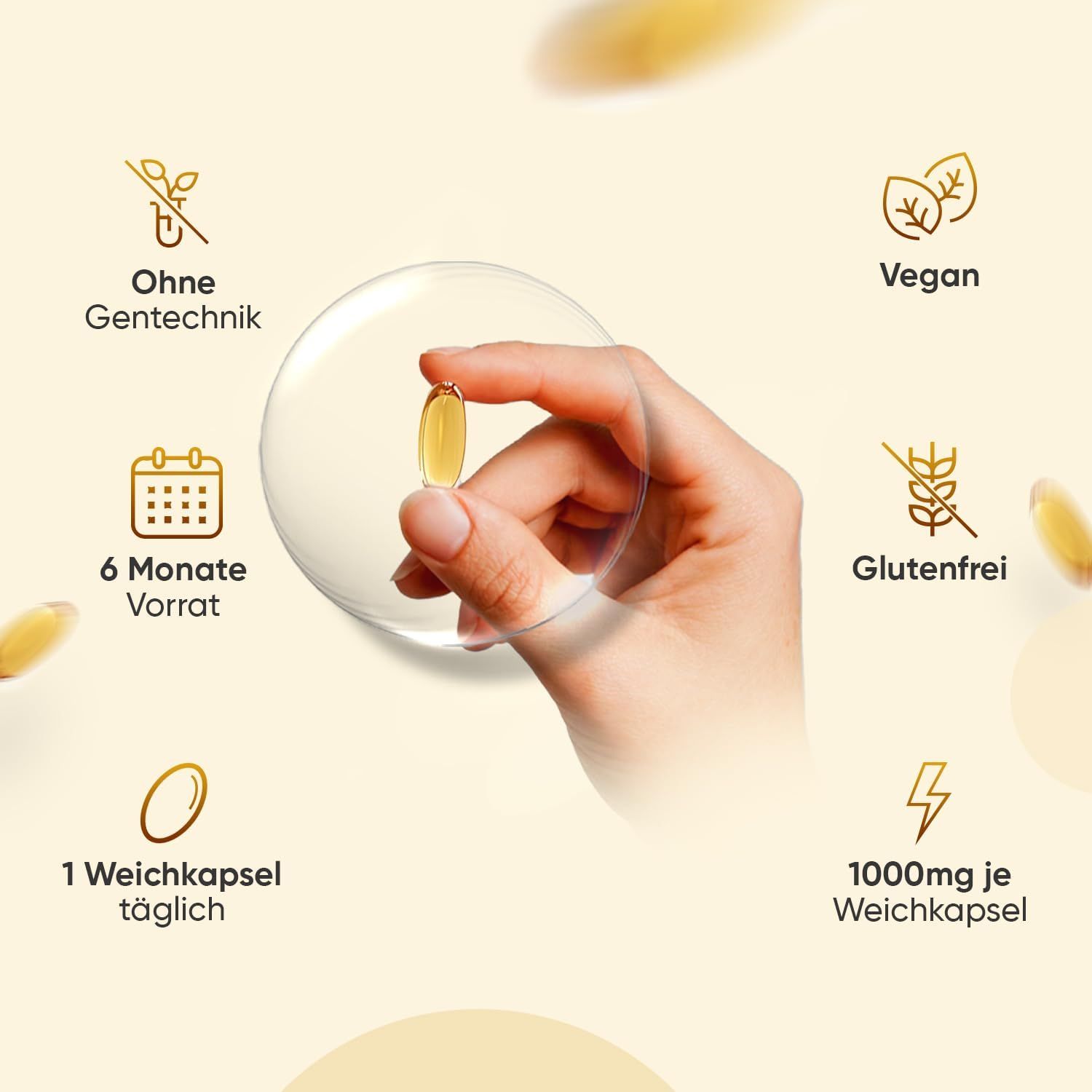 Main tenant une gélule. Sans OGM, 6 mois d'approvisionnement, 1 gélule par jour, 1000mg par gélule, végétalien, sans gluten.