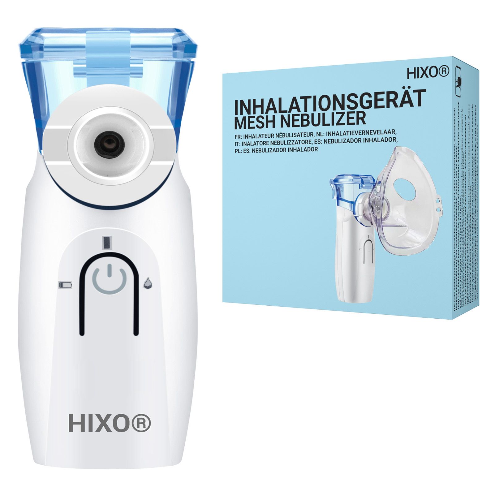 Inhalateur HIXO avec masques et câble USB sur fond clair.