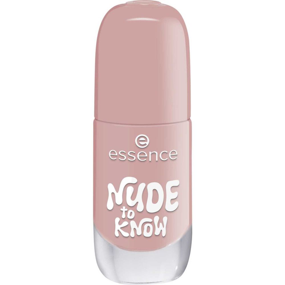 Flacon de vernis à ongles rose clair, fermé. Le flacon porte les inscriptions "essence" et "NUDE to KNOW".