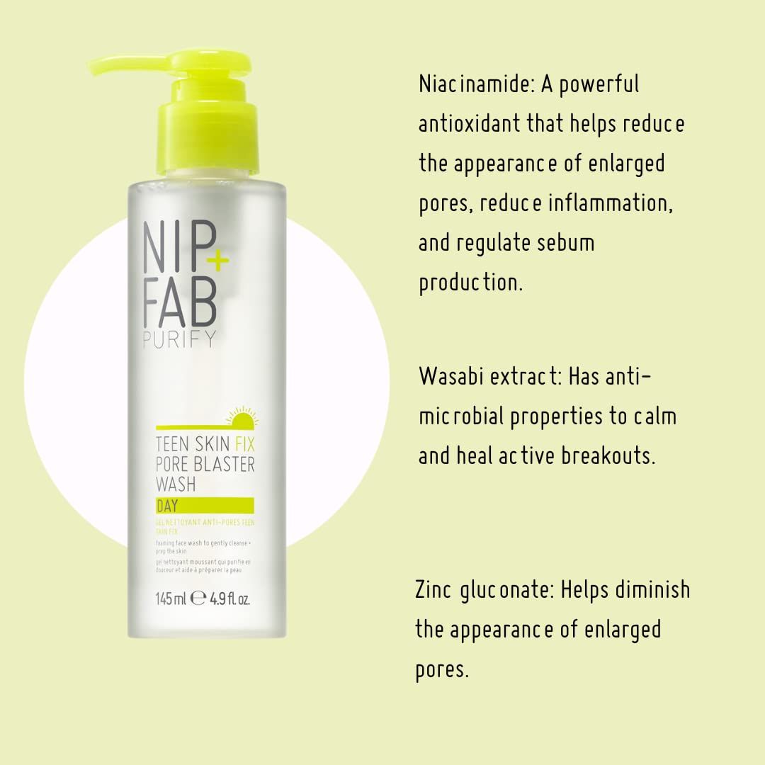 Nip + Fab Teen Skin Fix Pore Blaster Wash. Flacon avec pompe. Accents jaunes. Texte : Purify, Teen Skin Fix, Day.