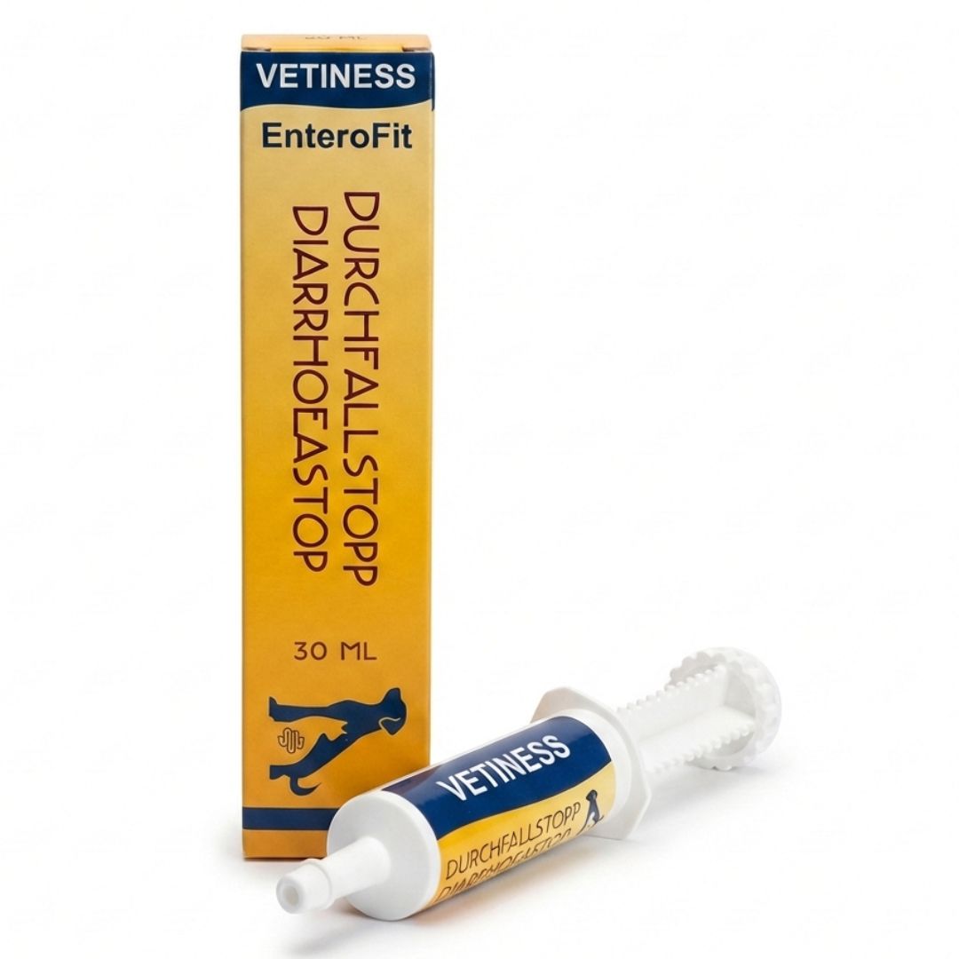 Produit : seringue avec pâte et emballage. Texte : Durchfallstopp Diarrhoeastop. 30 ml. Marque : Vetiness EnteroFit.