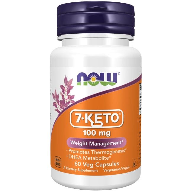 Witte fles met paarse dop. Etiket met productnaam: 7-KETO, 100 mg. Gewichtbeheer. 60 Veg-capsules. NOW-logo.