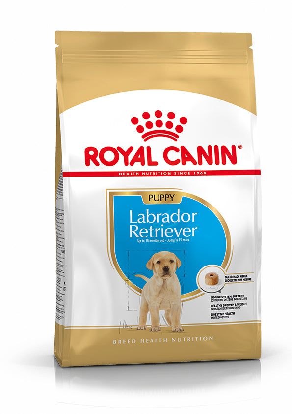 Emballage doré avec un chiot Labrador et informations produit.