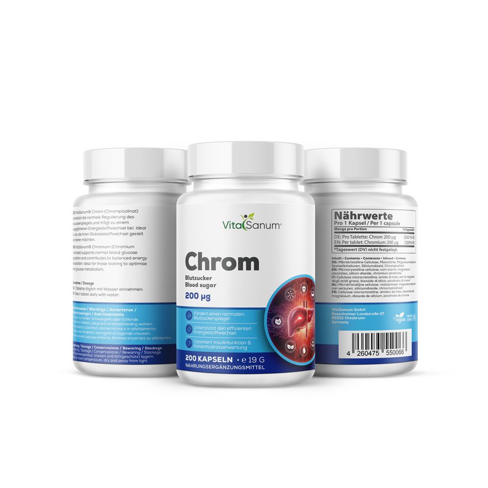 Drie potten VitaSanum Chroom capsules (200 µg), voor- en zijaanzichten.