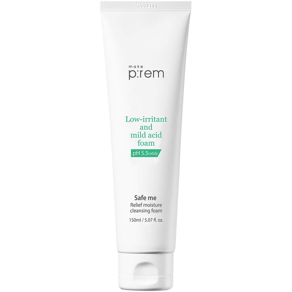 Tube blanche avec texte vert: MAKE P:REM, Low-irritant and mild acid foam, pH 5.5, Safe me, mousse nettoyante.
