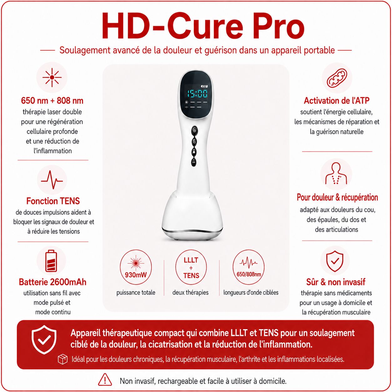 Infographie : HD-Cure Pro thérapie laser et TENS pour douleur et guérison.