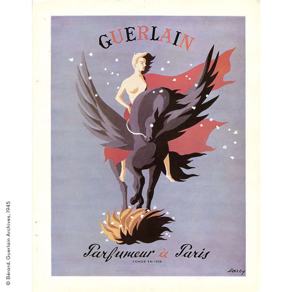 Affiche publicitaire. Femme sur cheval ailé. Texte: GUERLAIN, Parfumeur à Paris. Fond bleu.