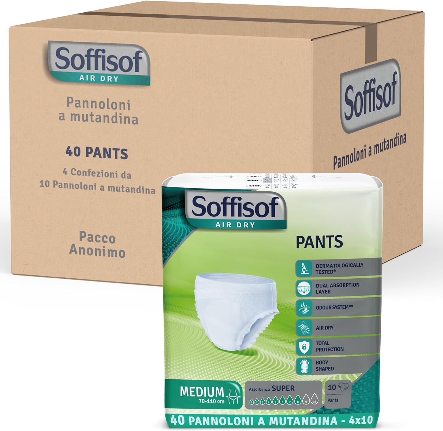 Soffisof Air Dry Pants. Verpakking van 40 Pants. Doos en verpakking met Pants. Medium, 70-110 cm.