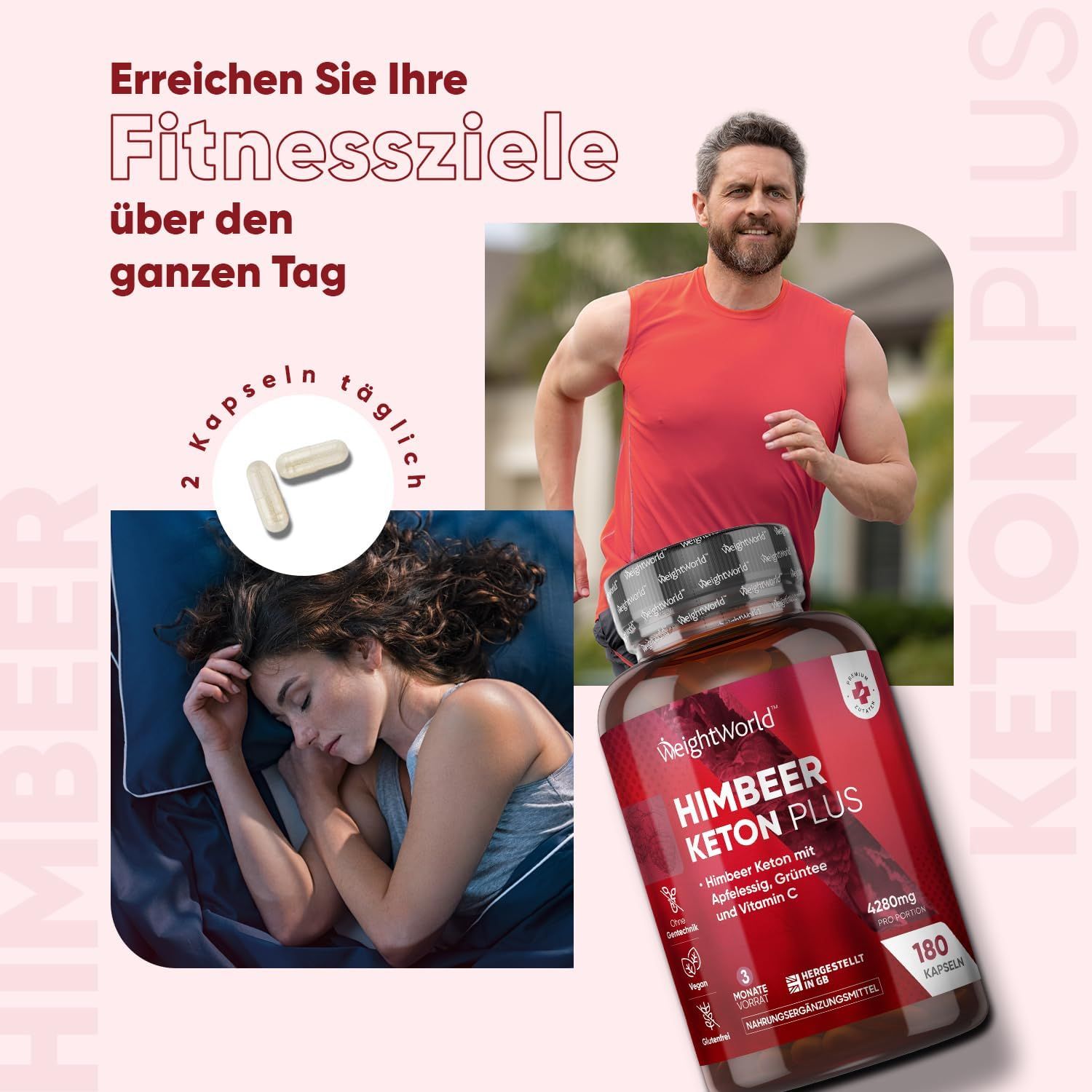 Bouteille de Cétones de Framboise Plus avec 180 gélules, à côté d'une femme dormant et d'un homme courant. Texte : Atteignez vos objectifs fitness.