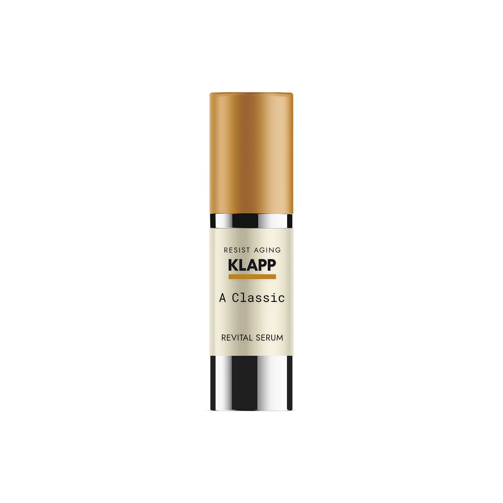 Serumfles met bruine dop en zilveren hals. Opschrift: Klapp, A Classic, Revital Serum.