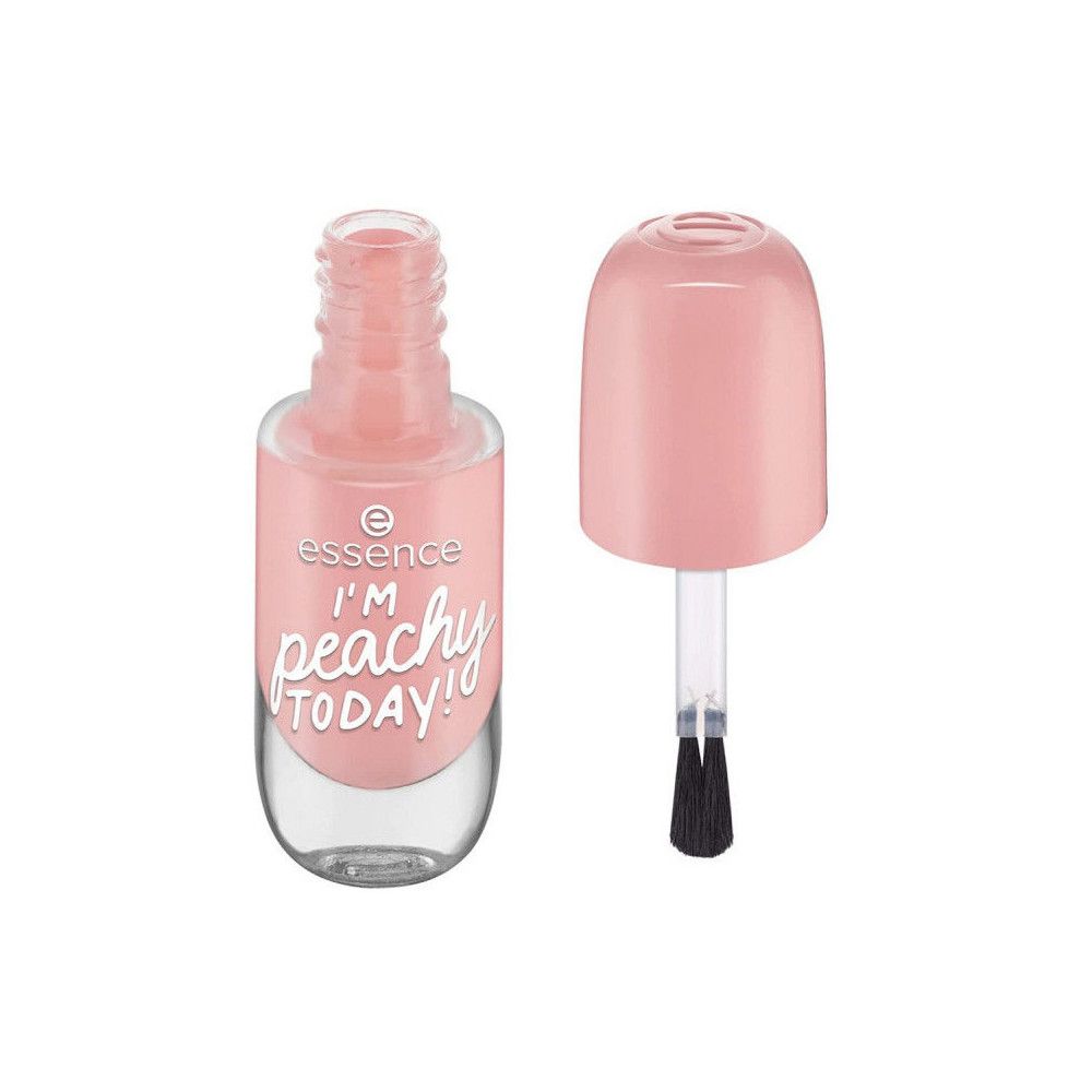 Flacon de vernis à ongles ouvert avec pinceau. Vernis à ongles rose. Inscription : I'M peachy TODAY ! Marque : essence.