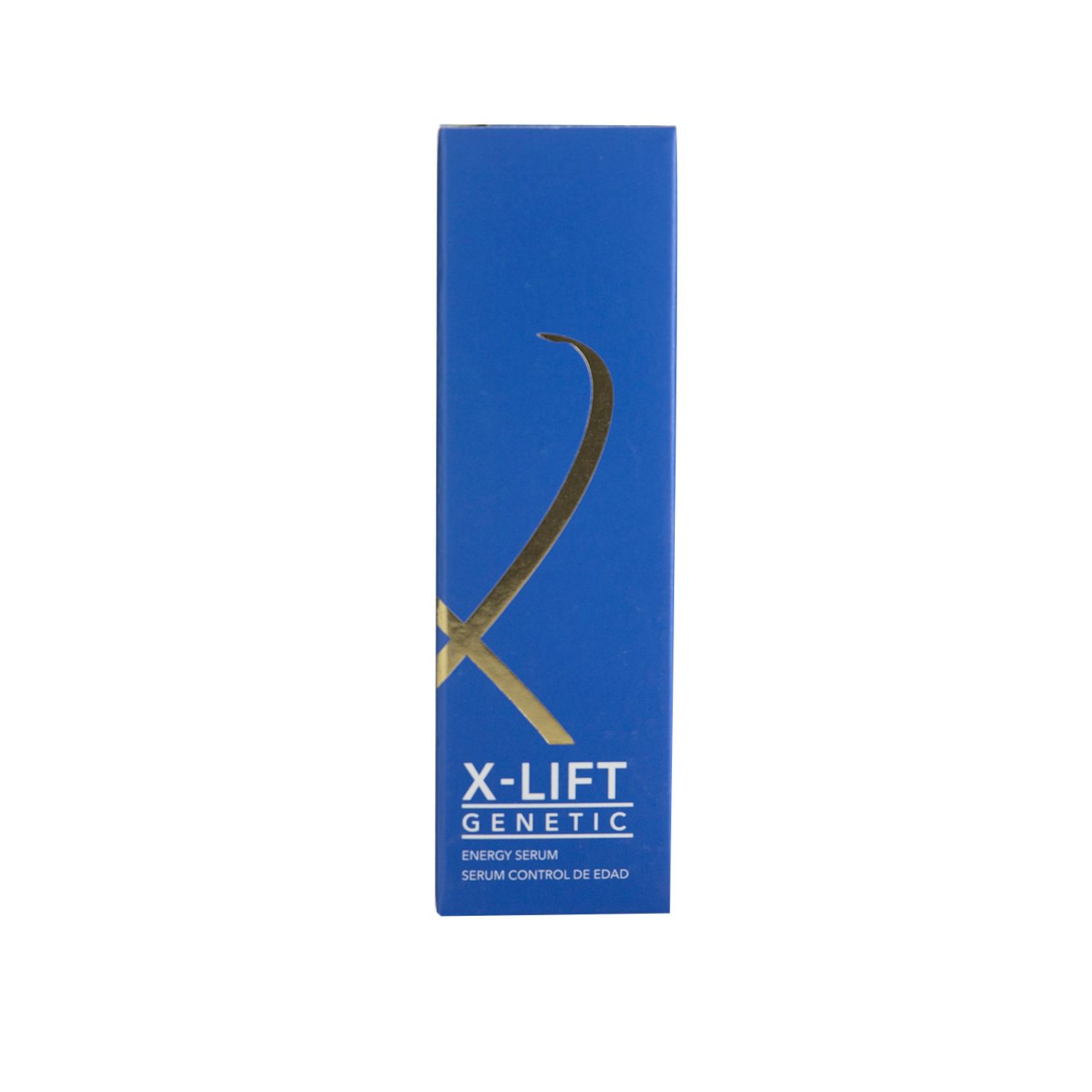 Blauwe verpakking met gouden logo. Opschrift: X-Lift Genetic Energy Serum. Rechthoekige vorm.