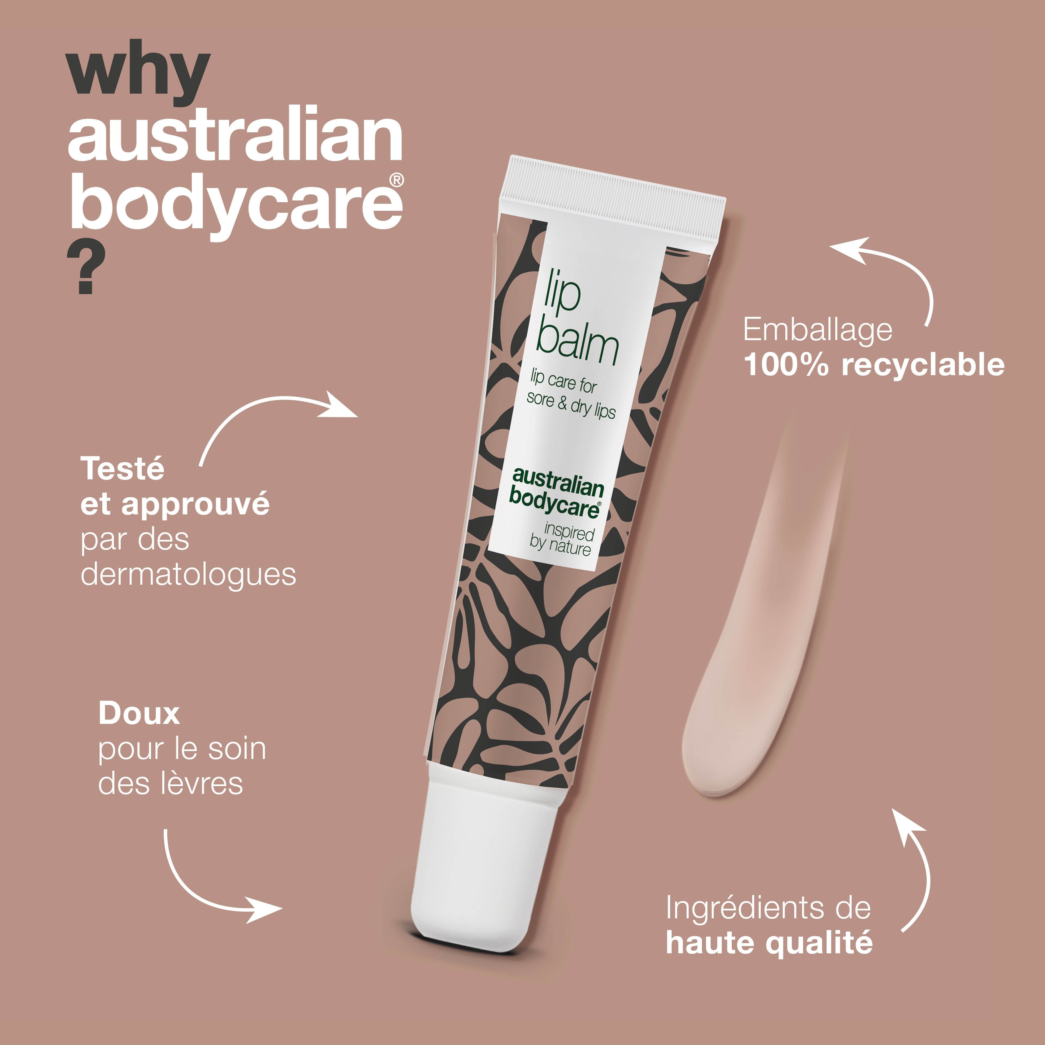 Produit de soin des lèvres. Texte: Lip Balm, australian bodycare. Avantages: testé dermatologiquement, emballage recyclable.
