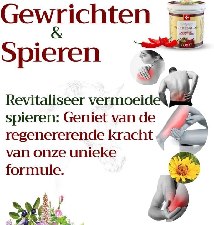 Grafiek met tekst 'Natuurlijke ingrediënten', productafbeelding en afbeeldingen van arnica, smeerwortel, hennep, chili, paardenkastanje.
