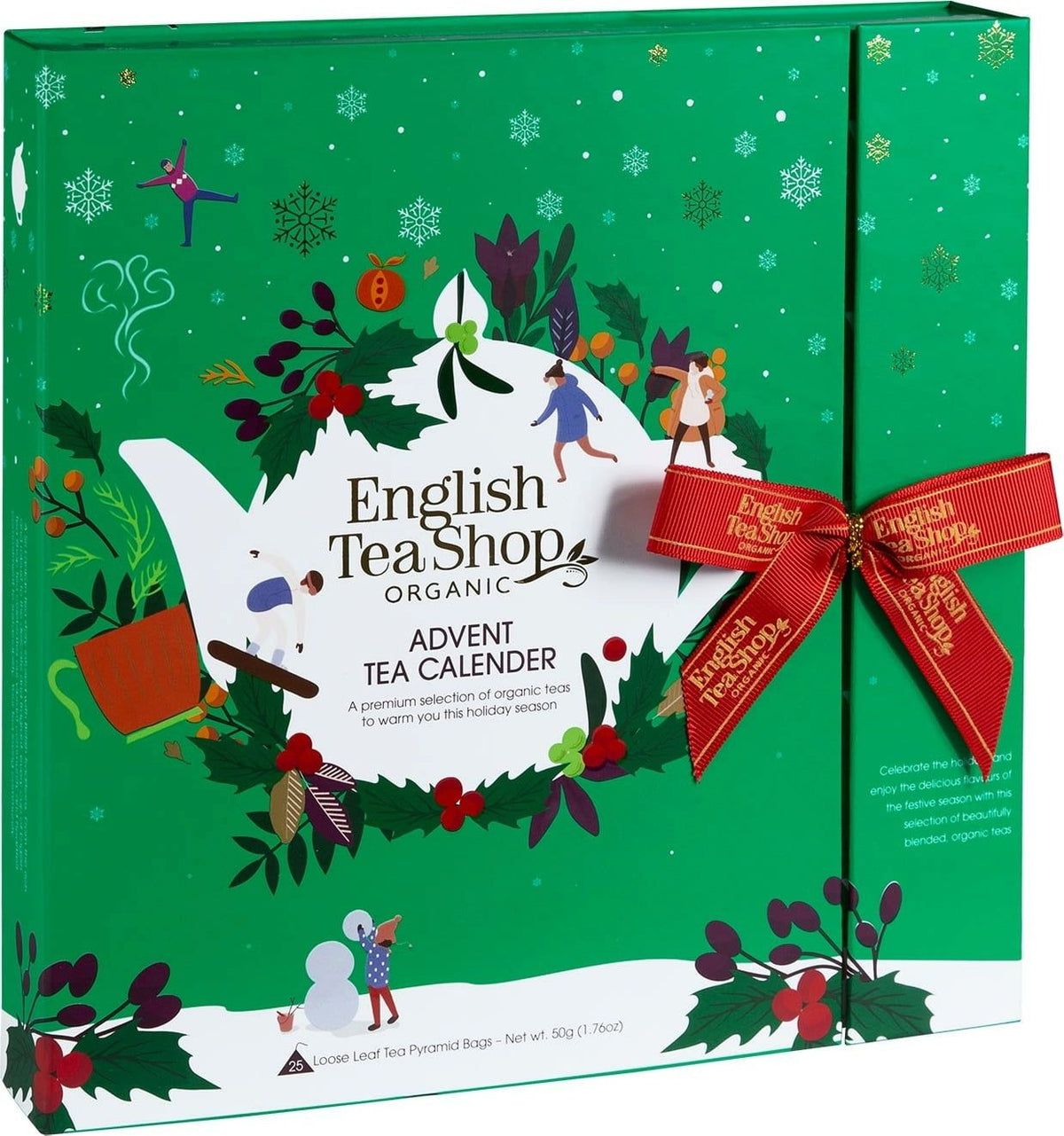 Groene adventskalender met rode strik. Bevat theezakjes. Opschrift: English Tea Shop ORGANIC ADVENT TEA CALENDER.